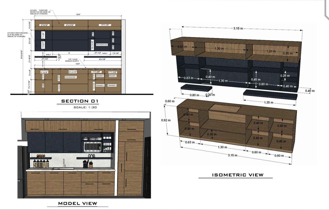 Millwork shop drawing sheet: casework section at 1:30 with isometric and rendered model views