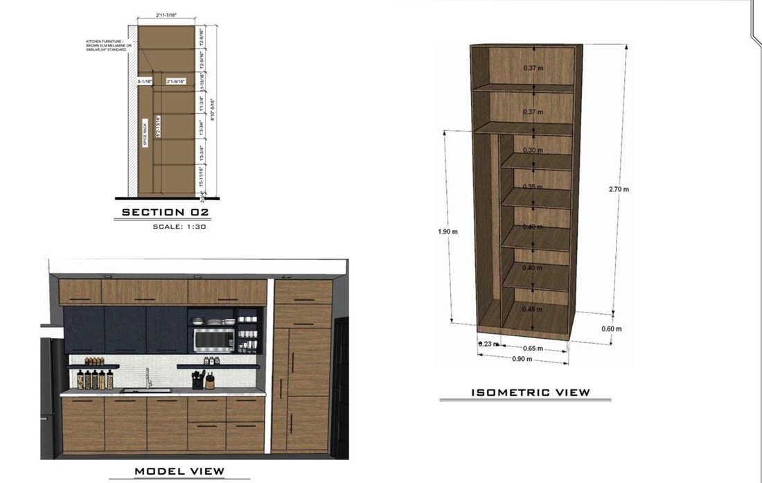 Dimensioned casework section drawing of the kind quantity takeoffs are measured from