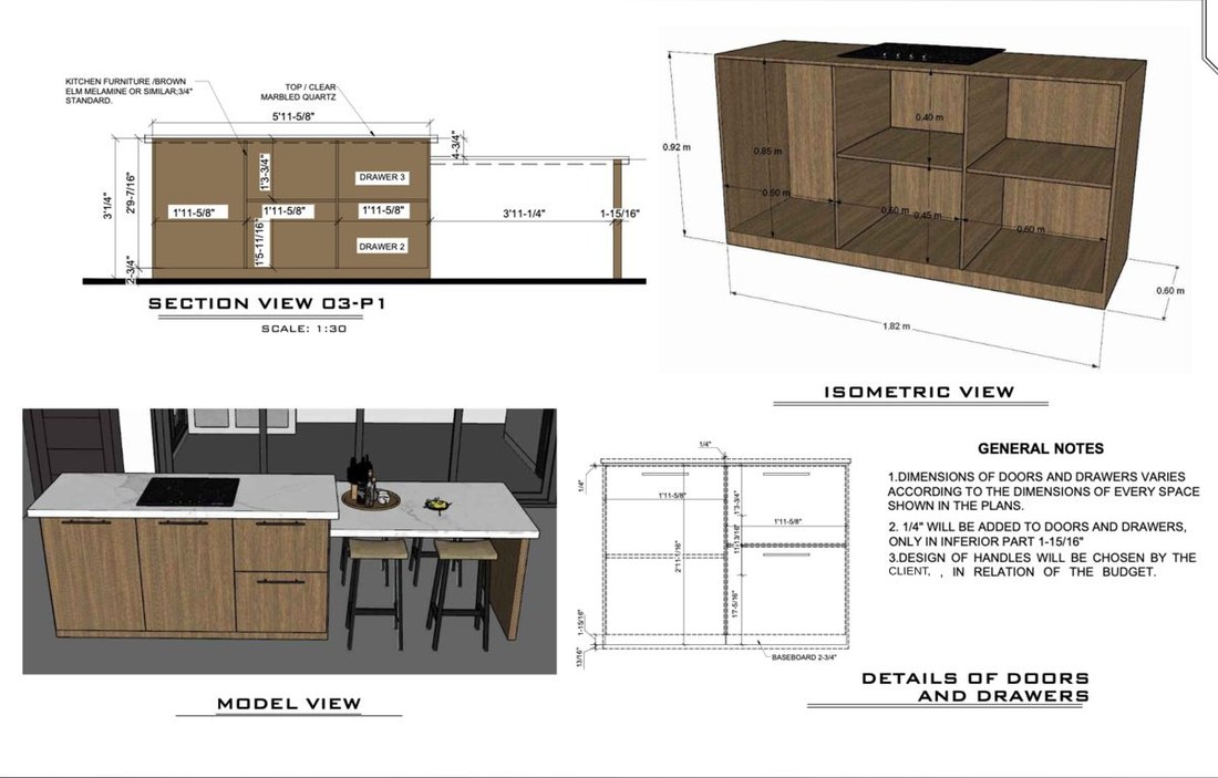 Casework section view with isometric and details of doors and drawers