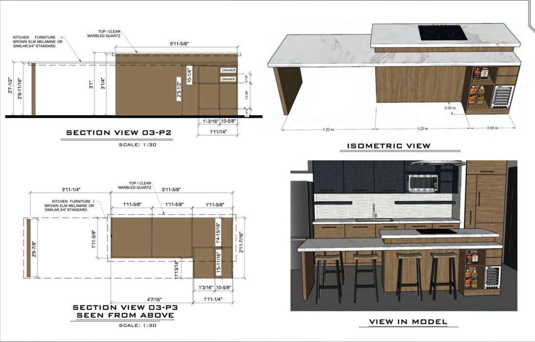 Casework section views with isometric and plan seen from above