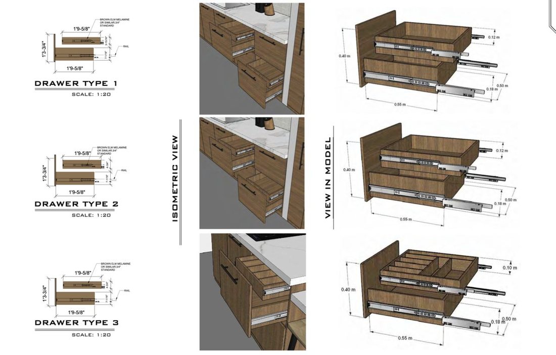 Drawer type details at 1:20 with dimensions and isometric views
